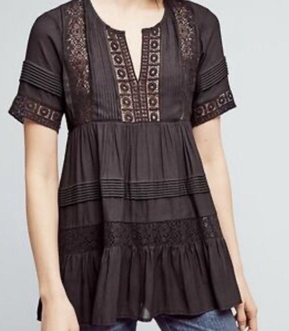 EUC Anthropologie Maeve Blouse Black Tiered Crochet Trim Size Small